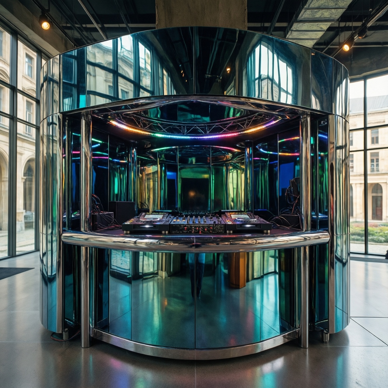 Зеркальная Dj-кабина diorama почти исчезает в окружающем пространстве